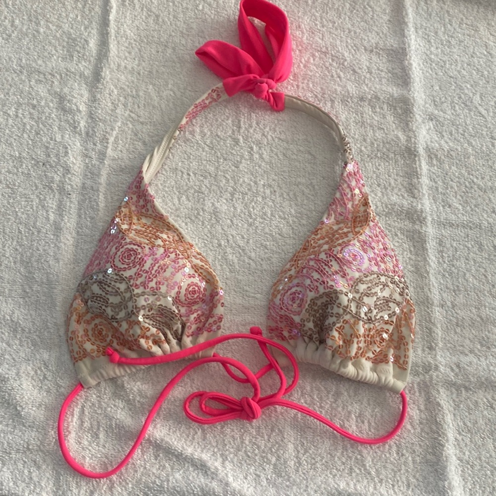 Victoria’s Secret embellished swim top white with peach embellishments
